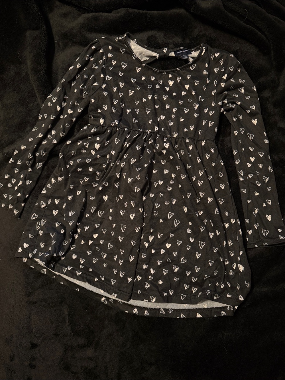 Girls' Black Long-Sleeve Heart Print Dress